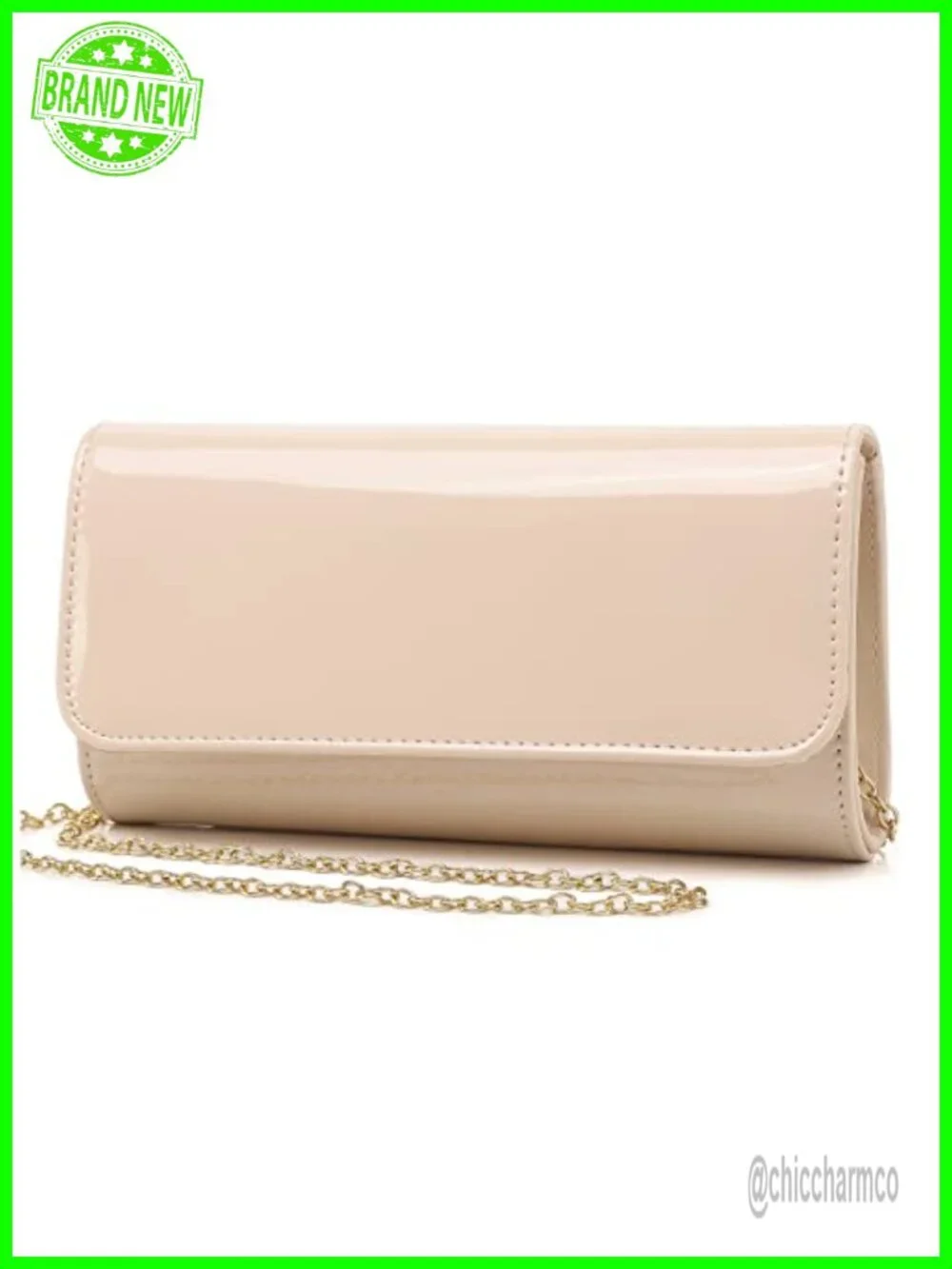 Patent Leather Envelope Clutch Evening Bag with Chain Strap